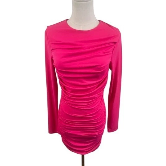 NWT Alice + Olivia Wild Pink Hot Pink Long Sleeve Ruched Mini Dress Size 6 $395 - Image 2