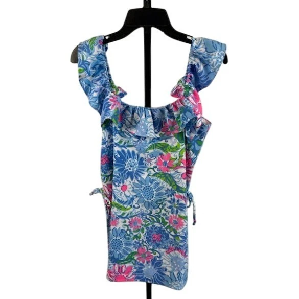New Lilly Pulitzer Zoya Ruffle Romper Freesize Blue Suns Out Floral Size 4 - Image 2