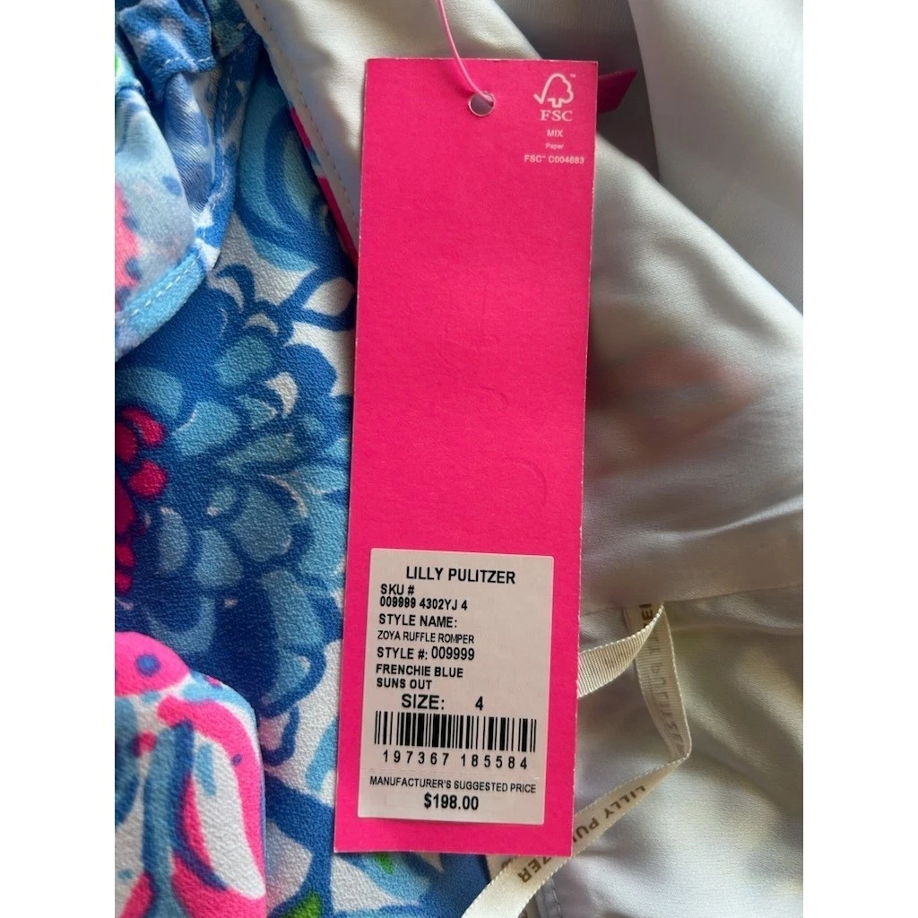New Lilly Pulitzer Zoya Ruffle Romper Freesize Blue Suns Out Floral Size 4 - Image 5