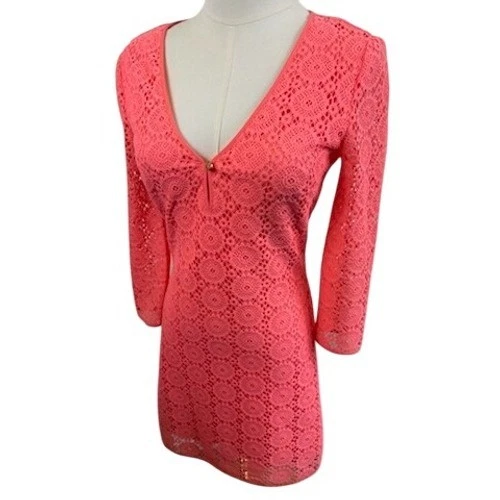 Lilly Pulitzer Coral Pink Lace Dress V Neck 3/4 Sleeve Size XS - Image 2