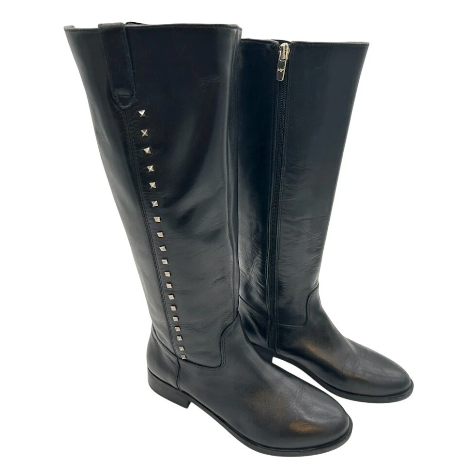 Marc Fisher Studded Riding Boots Leather Knee High Black Size 7.5W Wide Calf