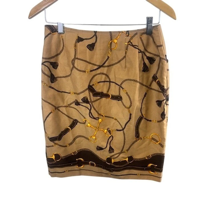 Talbots Equestrian Print Skirt Pockets Horse Bit Belt Preppy Chic Size 6
