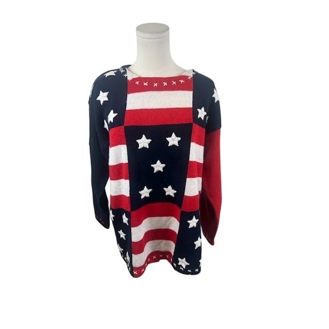 DBL American Flag Stars Stripes Knit Sweater USA Red White Blue Vintage Size M