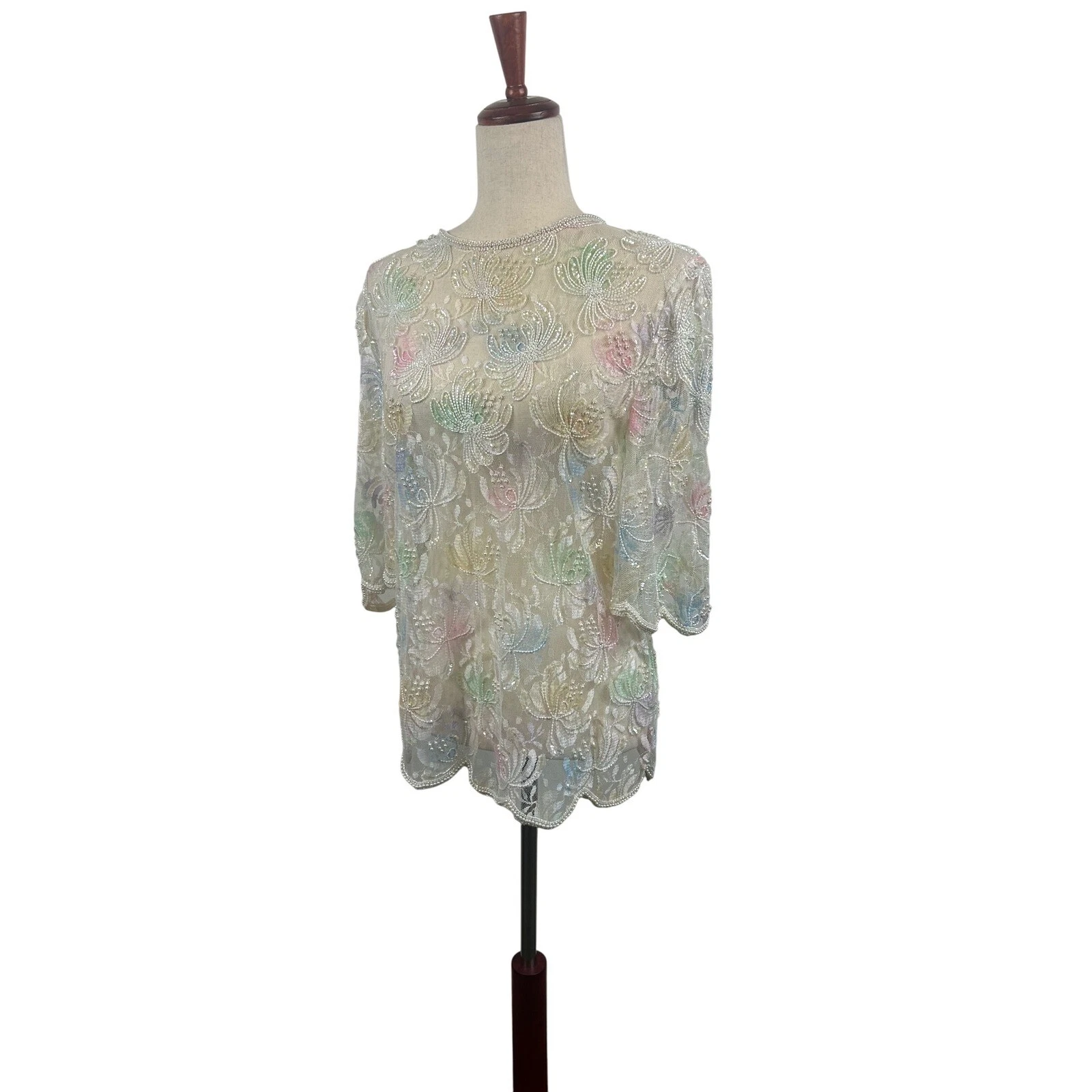 Scala Beaded Sequin Top Pastel Floral Party Cocktail Blouse Size Large Vintage