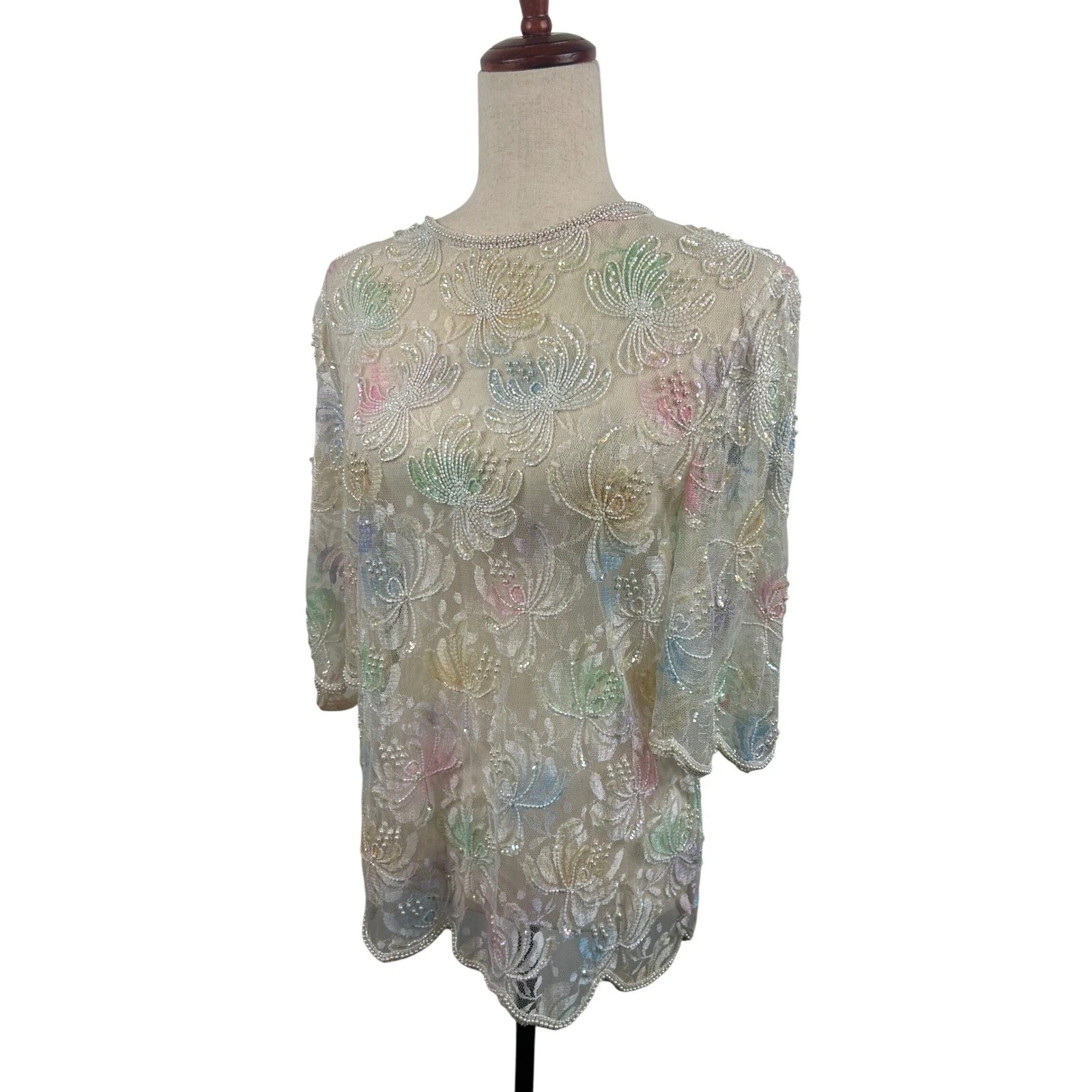 Scala Beaded Sequin Top Pastel Floral Party Cocktail Blouse Size Large Vintage - Image 2