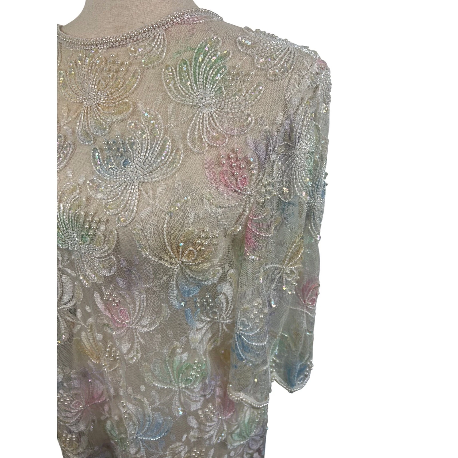 Scala Beaded Sequin Top Pastel Floral Party Cocktail Blouse Size Large Vintage - Image 3