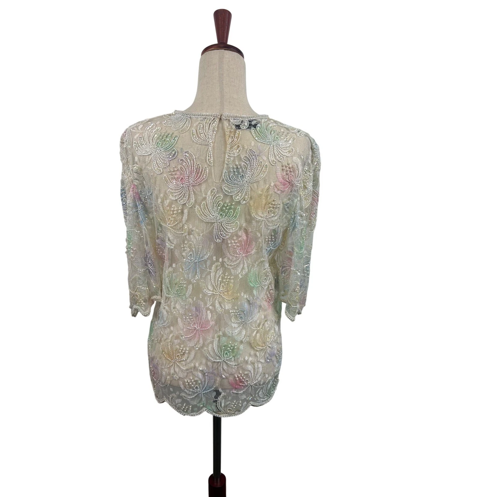 Scala Beaded Sequin Top Pastel Floral Party Cocktail Blouse Size Large Vintage - Image 4