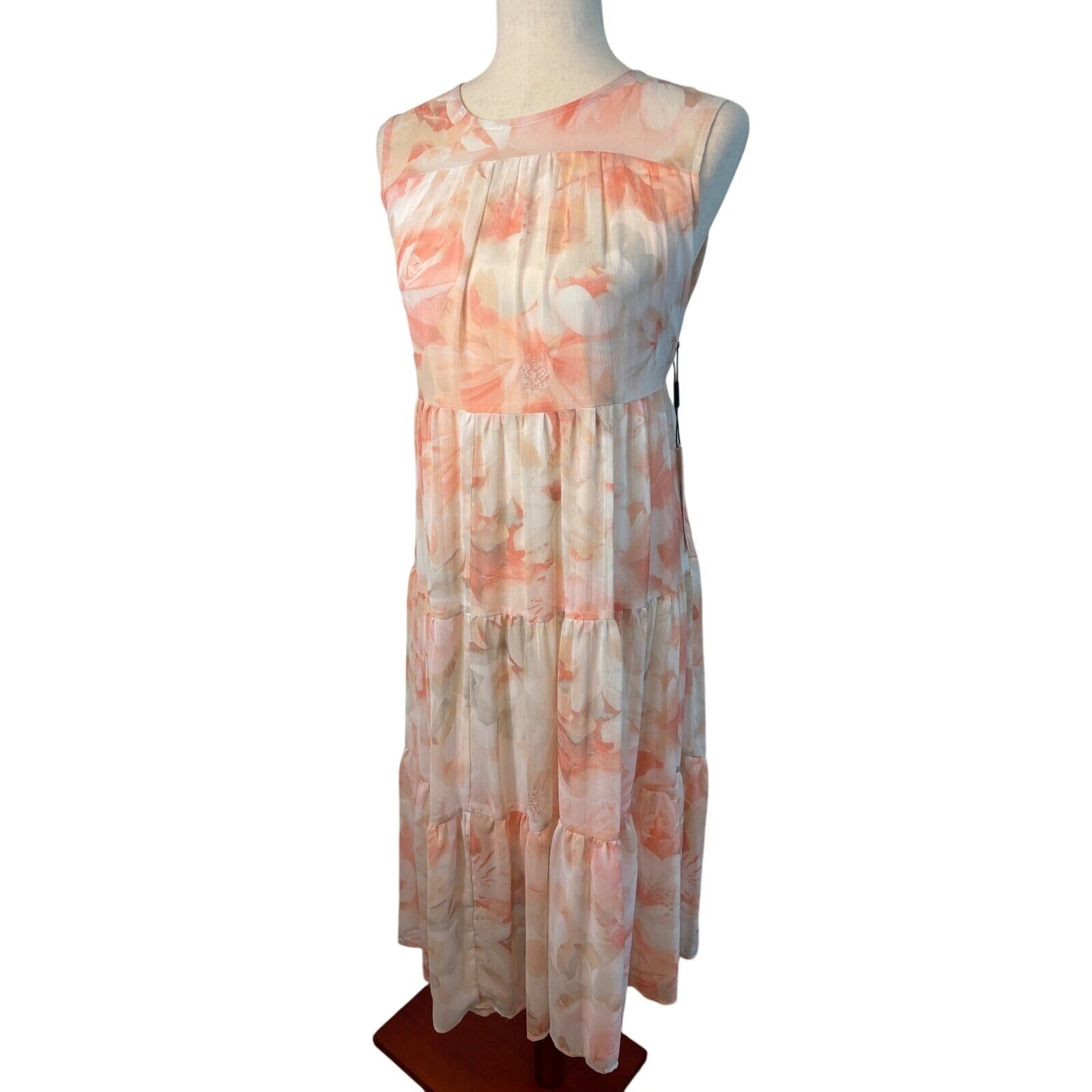 New Calvin Klein Peach Maxi Dress Floral Print Tiered Sleeveless Size 10 $139