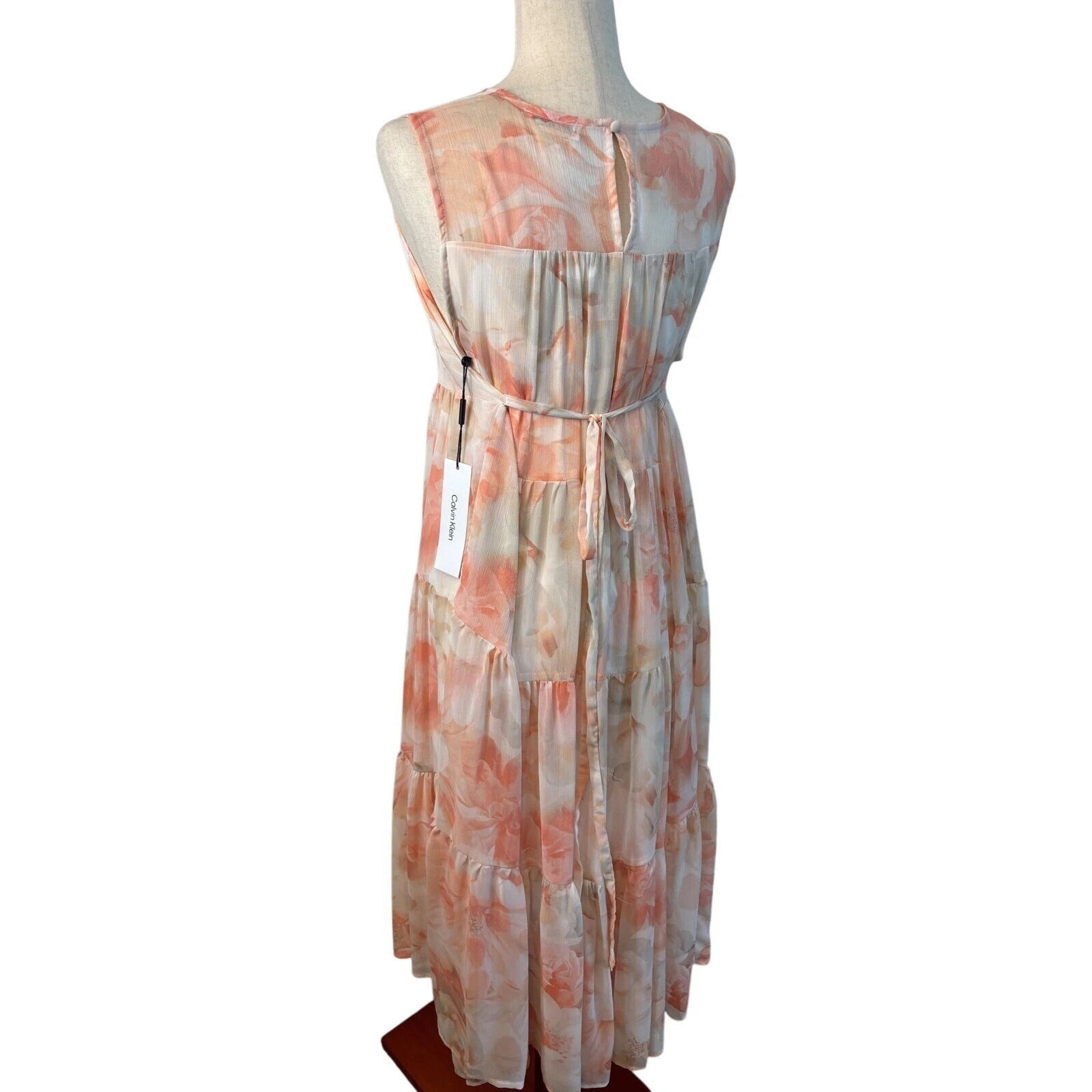 New Calvin Klein Peach Maxi Dress Floral Print Tiered Sleeveless Size 10 $139 - Image 3