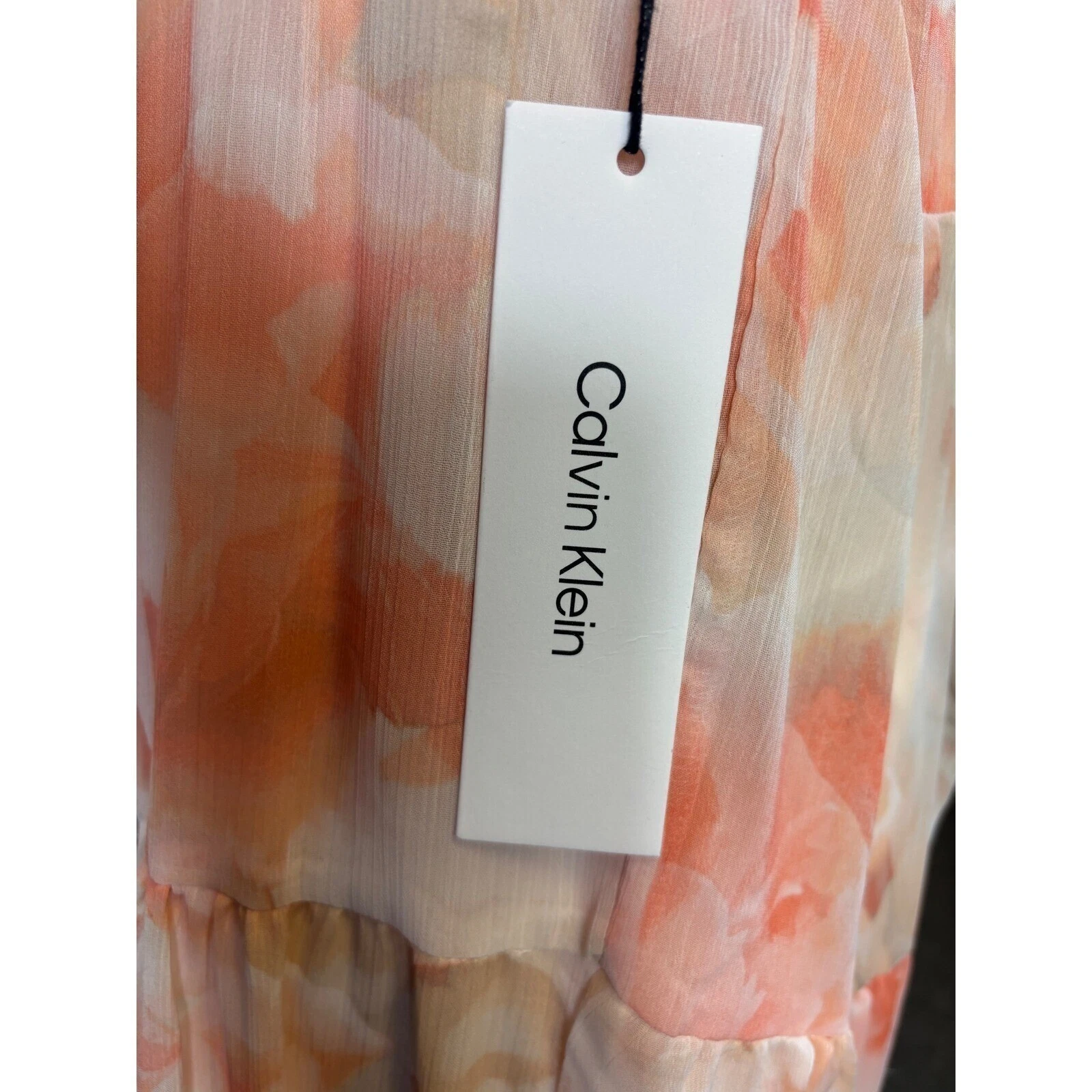New Calvin Klein Peach Maxi Dress Floral Print Tiered Sleeveless Size 10 $139 - Image 4
