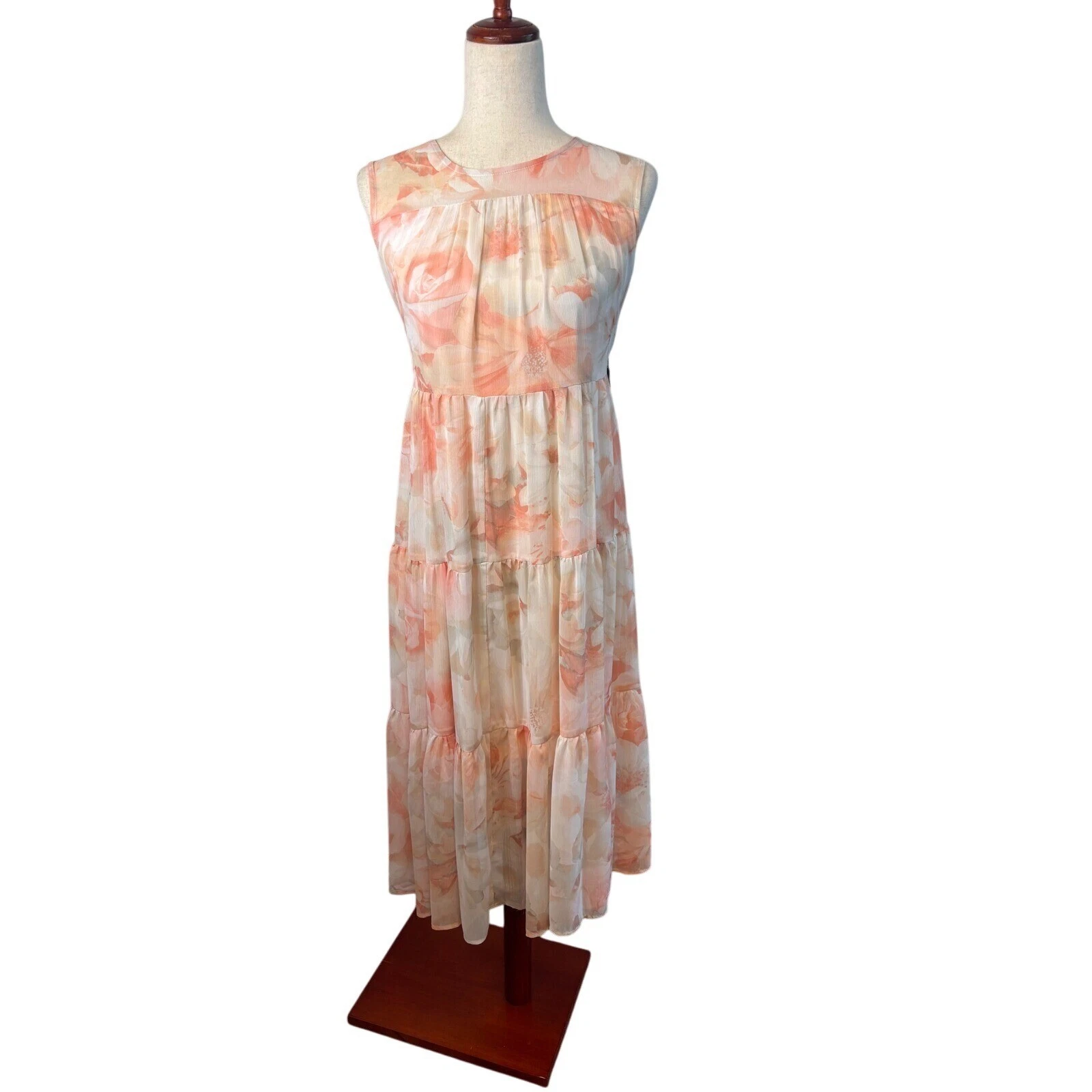 New Calvin Klein Peach Maxi Dress Floral Print Tiered Sleeveless Size 10 $139 - Image 7