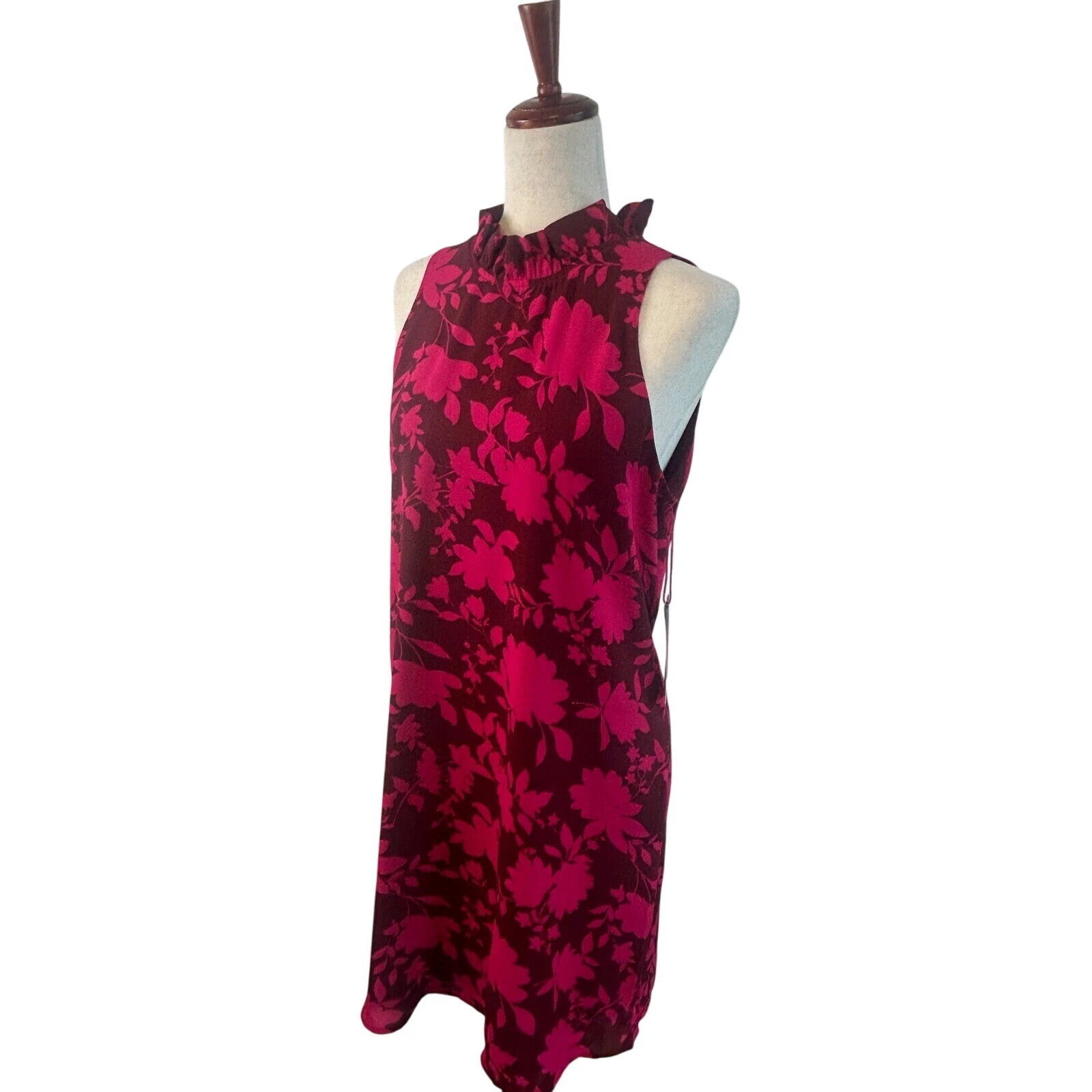 Gibson Floral Ruffle Mock Neck Sleeveless Shift Dress Burgundy Pink M
