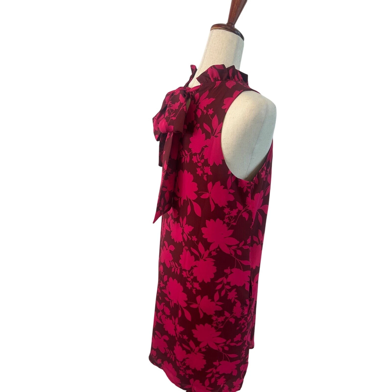 Gibson Floral Ruffle Mock Neck Sleeveless Shift Dress Burgundy Pink M - Image 6