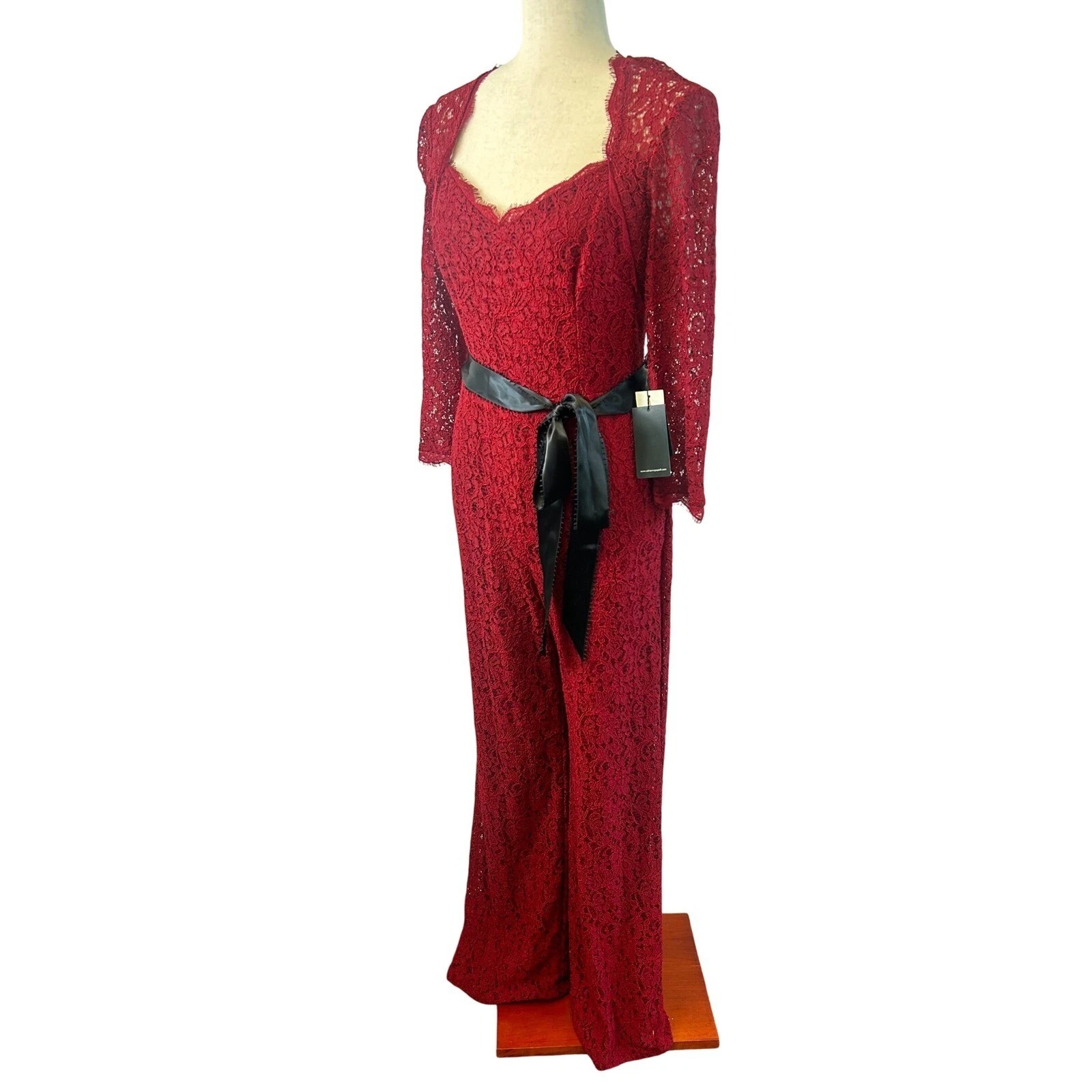 New Adrianna Papell Red Lace Jumpsuit 3/4 Sleeve Evening Party Women's Size 8