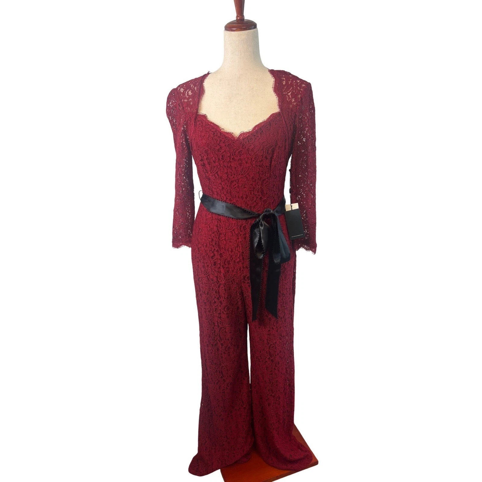 New Adrianna Papell Red Lace Jumpsuit 3/4 Sleeve Evening Party Women's Size 8 - Image 2