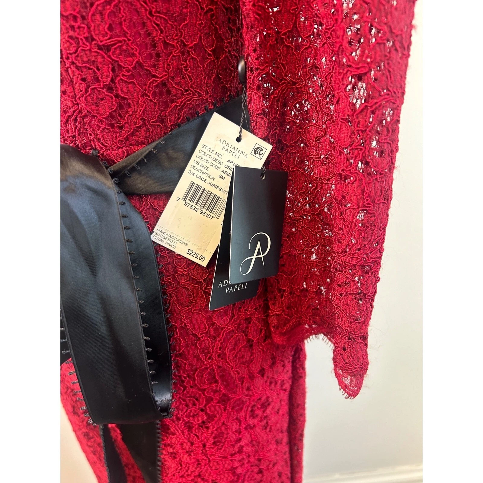 New Adrianna Papell Red Lace Jumpsuit 3/4 Sleeve Evening Party Women's Size 8 - Image 3