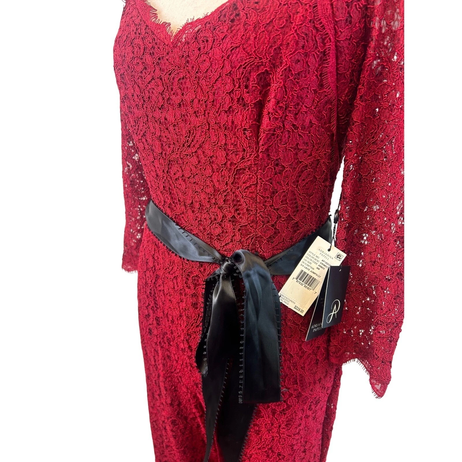 New Adrianna Papell Red Lace Jumpsuit 3/4 Sleeve Evening Party Women's Size 8 - Image 4
