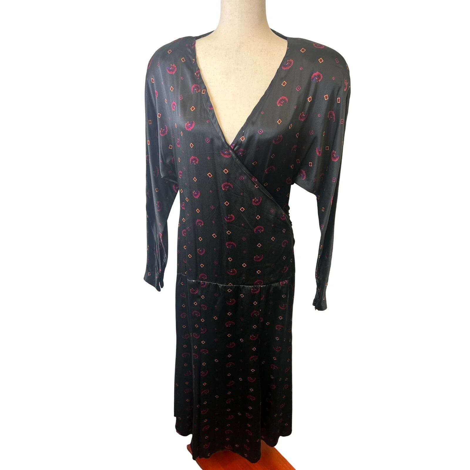 Vintage Norma Walters 100% Silk Black Geometric Midi Dress Size 12