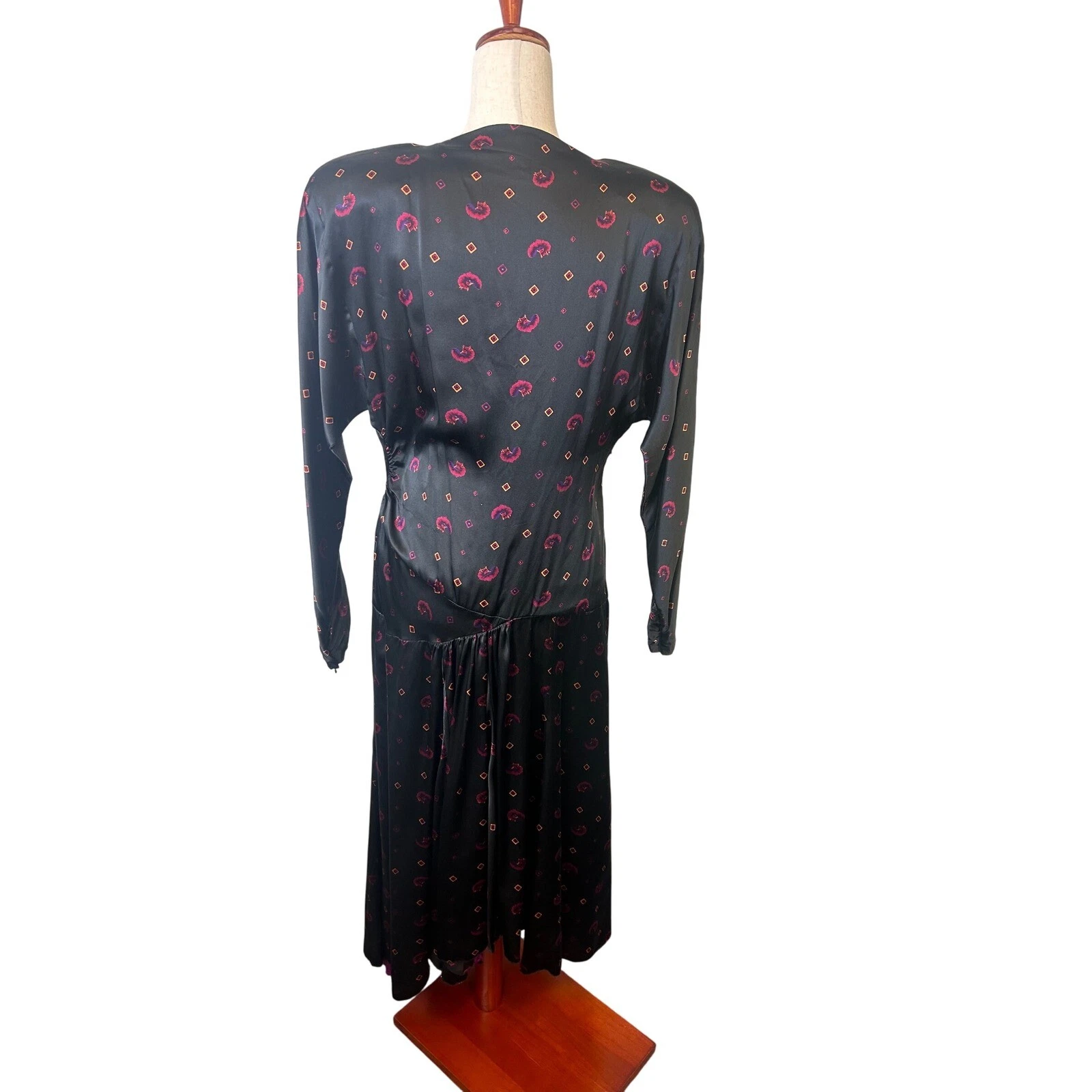 Vintage Norma Walters 100% Silk Black Geometric Midi Dress Size 12 - Image 2