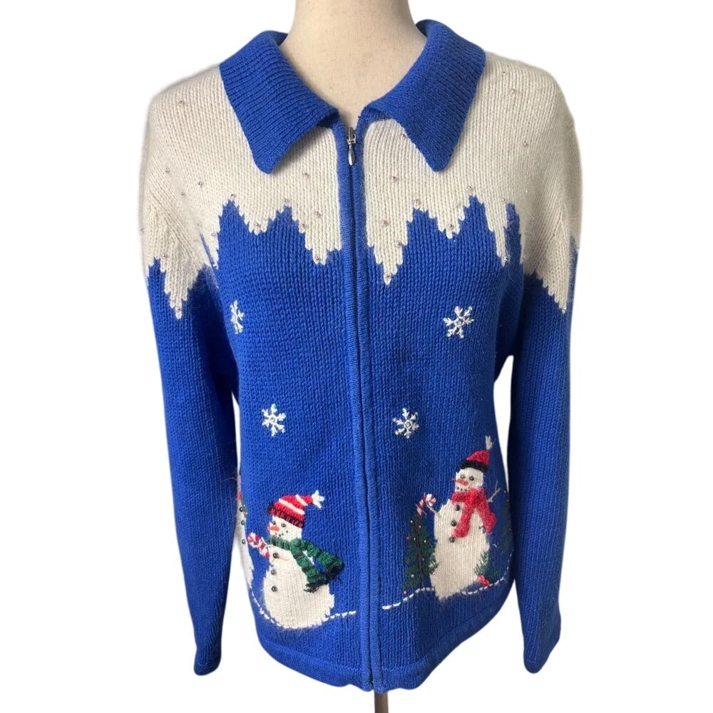Croft & Barrow Vintage Full Zip Cardigan Snowman Sweater Women's Size Large