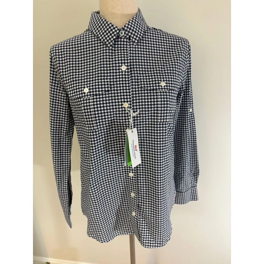 NWT Vineyard Vines Performance Shirt Navy White Check Women's size 2 $108