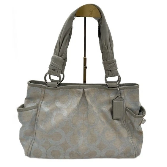 Coach Signature Silver Metallic Beige Leather Canvas Satchel Tote Bag Purse Y2K - Image 2