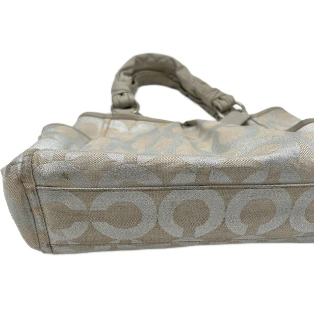 Coach Signature Silver Metallic Beige Leather Canvas Satchel Tote Bag Purse Y2K - Image 3