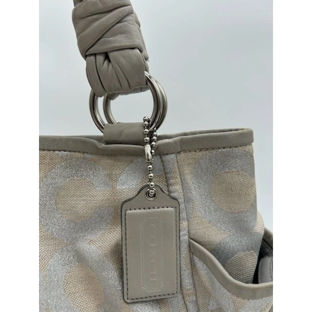 Coach Signature Silver Metallic Beige Leather Canvas Satchel Tote Bag Purse Y2K - Image 4