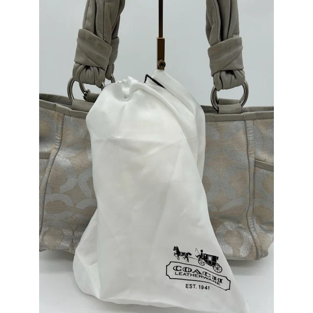 Coach Signature Silver Metallic Beige Leather Canvas Satchel Tote Bag Purse Y2K - Image 6