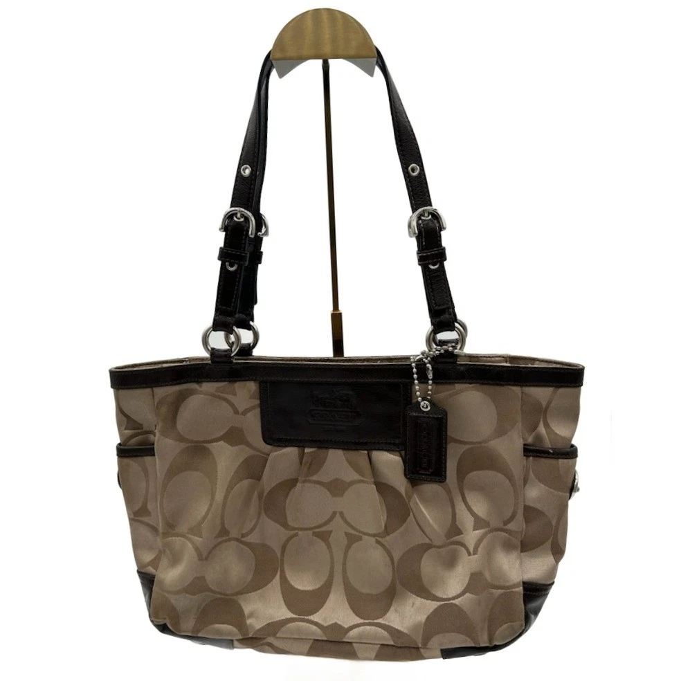 Coach Logo Signature Print Satchel Handbag Purse Tan Brown Leather Trim Hangtag