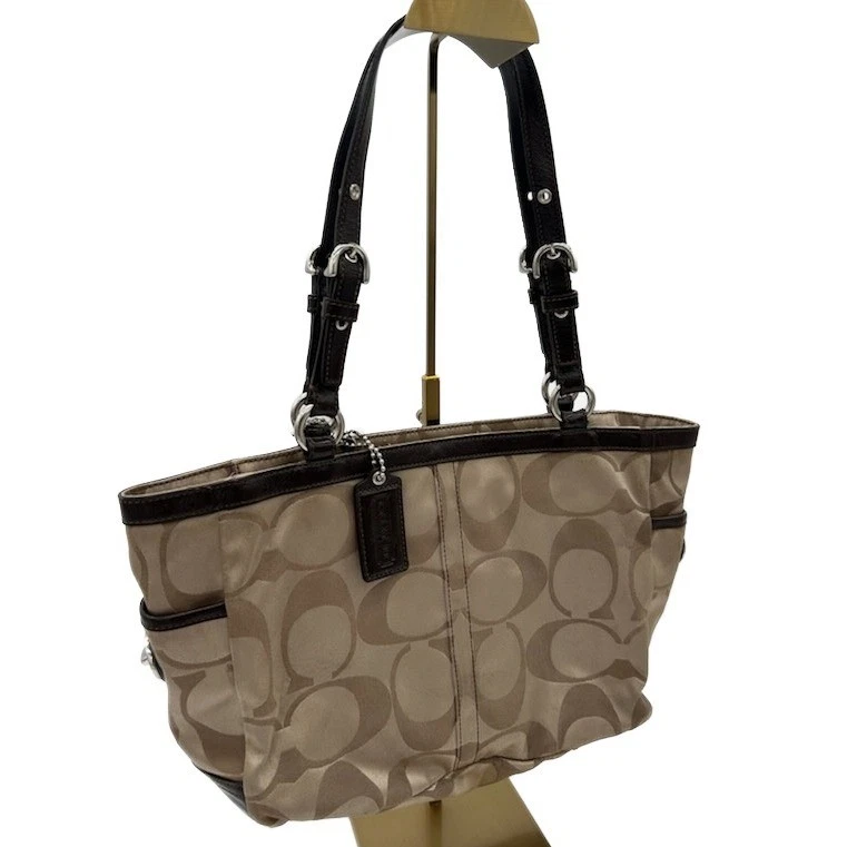 Coach Logo Signature Print Satchel Handbag Purse Tan Brown Leather Trim Hangtag - Image 2