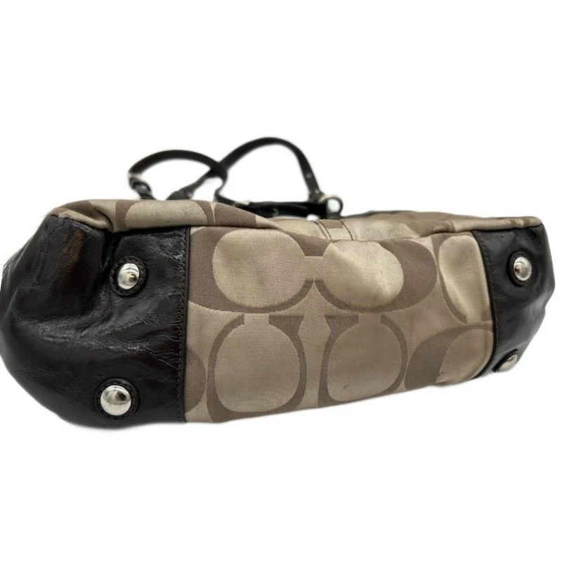 Coach Logo Signature Print Satchel Handbag Purse Tan Brown Leather Trim Hangtag - Image 3