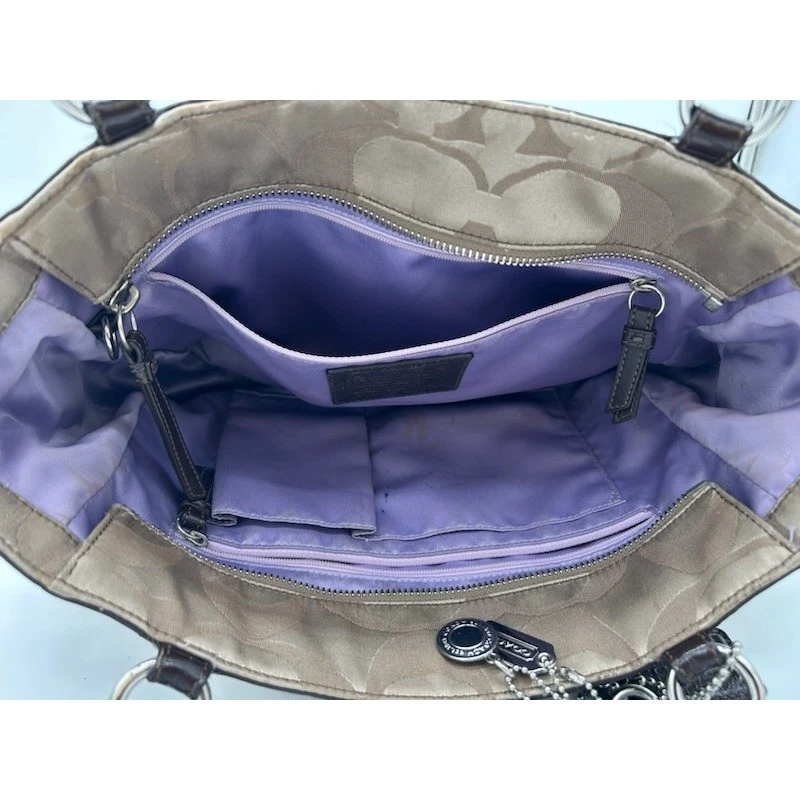 Coach Logo Signature Print Satchel Handbag Purse Tan Brown Leather Trim Hangtag - Image 4