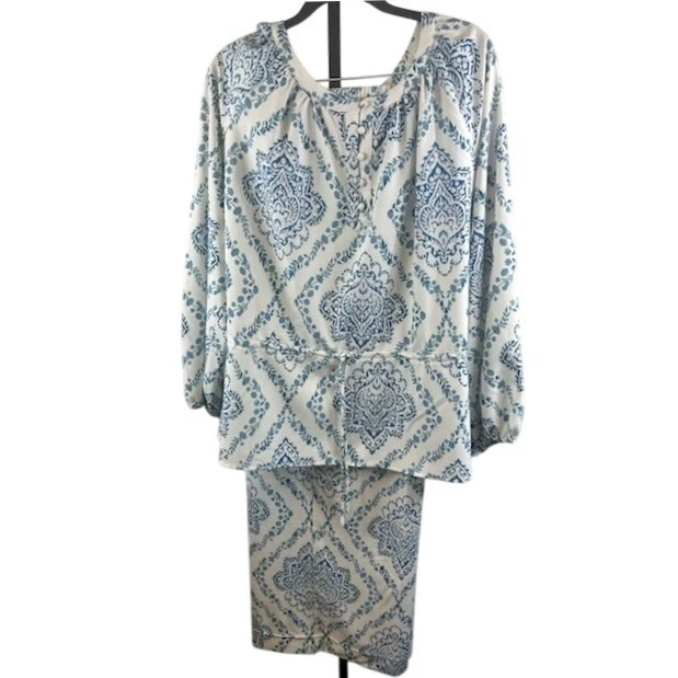 Beautiful by Lawrence Zarian Blue White Print 2-Piece Set Blouse Skirt Size 1X