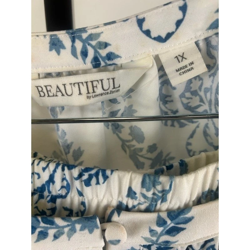 Beautiful by Lawrence Zarian Blue White Print 2-Piece Set Blouse Skirt Size 1X - Image 4
