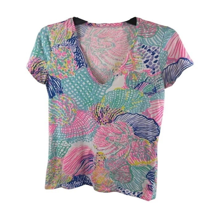 Lilly Pulitzer V Neck Top Colorful Shells Coral Shirt Short Sleeve Size Small