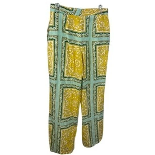 Zara Linen Blend Pants Wide Leg Patterned High Waist Yellow Blue Size M - Image 2
