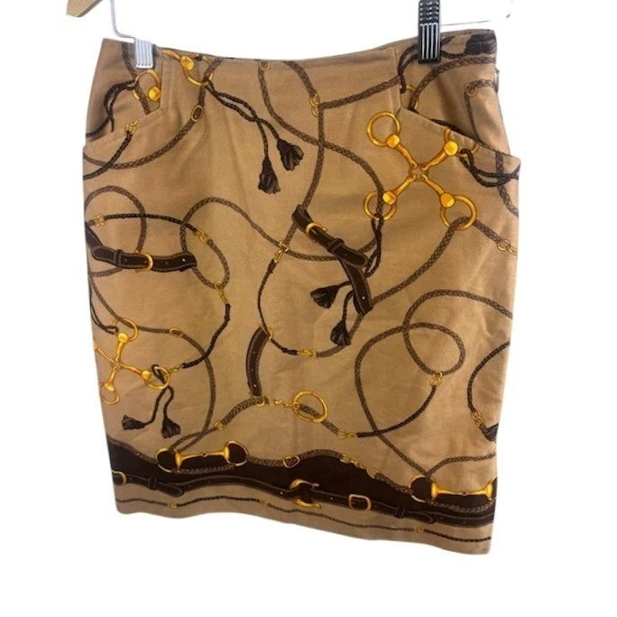 Talbots Equestrian Print Skirt Pockets Horse Bit Belt Preppy Chic Size 6 - Image 2