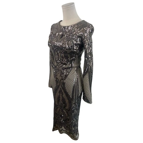 Betsy Adam Sequin Dress Cocktail Party Long Sleeve Bodycon Gray Size 4 Stunning - Image 2