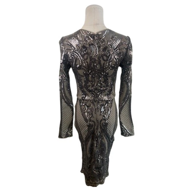 Betsy Adam Sequin Dress Cocktail Party Long Sleeve Bodycon Gray Size 4 Stunning - Image 3