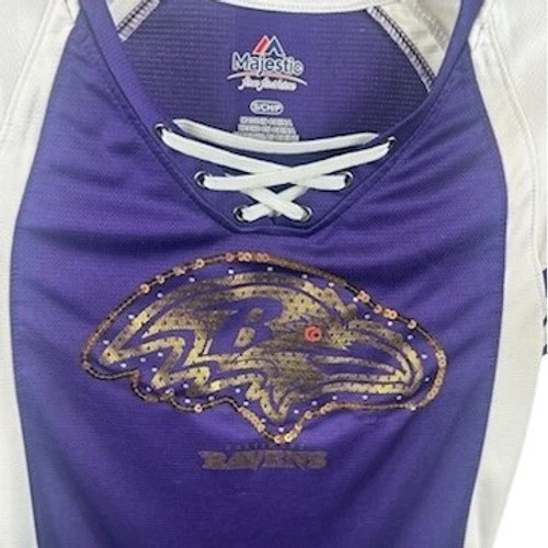 Majestic Ravens Sequin Football Jersey Lace Up Top NFL Purple White Size Small - Image 3