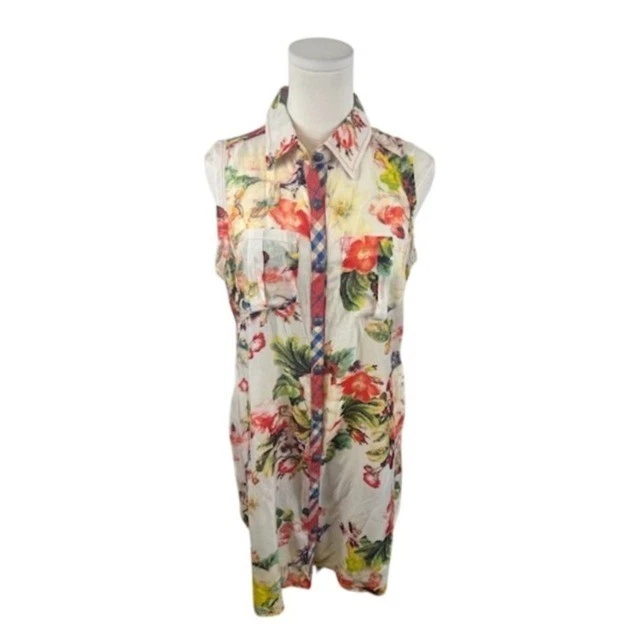 Cyrena Floral Print Sleeveless Button Down Shirt Tunic Dress Casual Size Small - Image 2