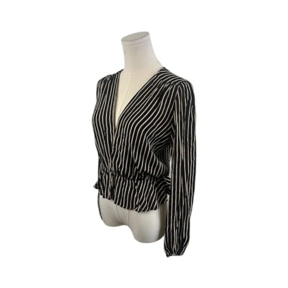 Reformation Striped Camila Blouse Long Sleeve Peplum Top Black White Size Medium - Image 2