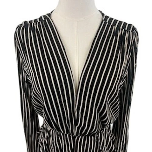 Reformation Striped Camila Blouse Long Sleeve Peplum Top Black White Size Medium - Image 3