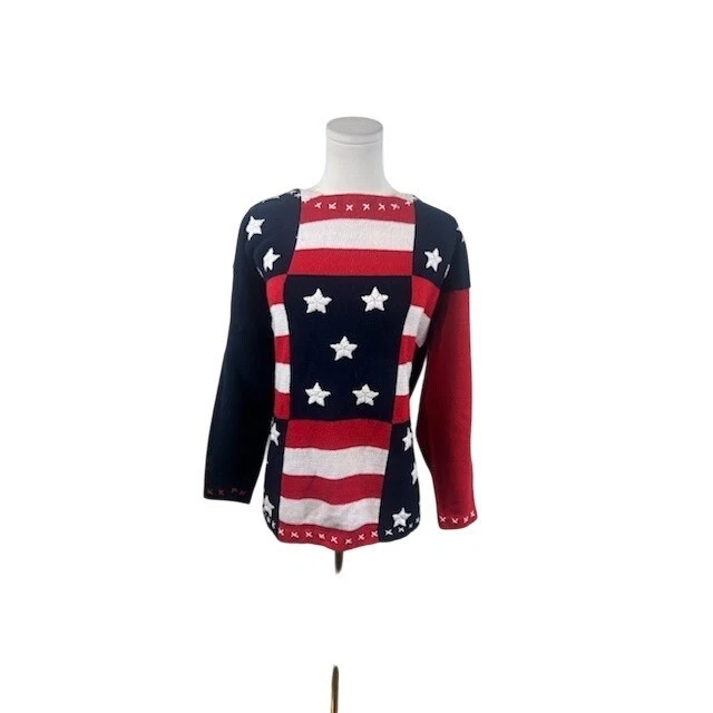 DBL American Flag Stars Stripes Knit Sweater USA Red White Blue Vintage Size M - Image 2