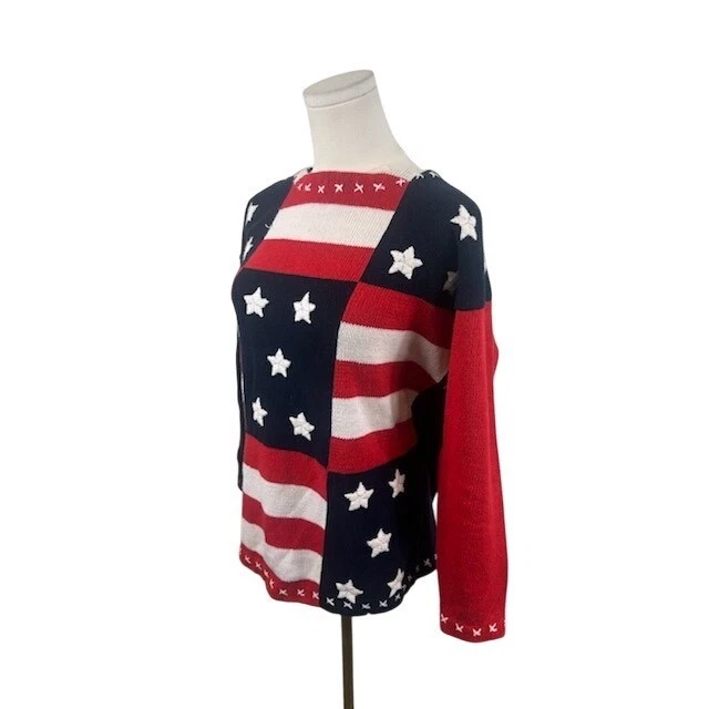 DBL American Flag Stars Stripes Knit Sweater USA Red White Blue Vintage Size M - Image 3