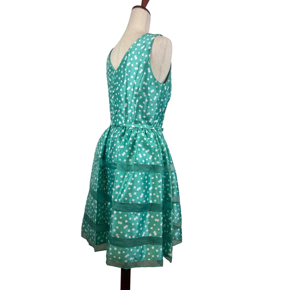 New Taylor Silk Dress Fit Flare Polka Dot Sleeveless Party Cocktail Green Size 8 - Image 2