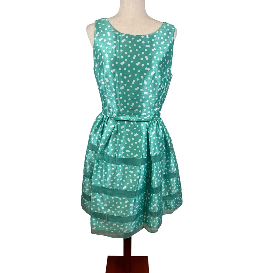 New Taylor Silk Dress Fit Flare Polka Dot Sleeveless Party Cocktail Green Size 8 - Image 8