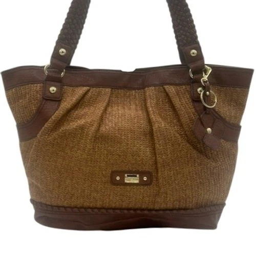 Vintage Etienne Aigner Woven Tote Bag Purse Braided Handles Brown Leather Trim - Image 3