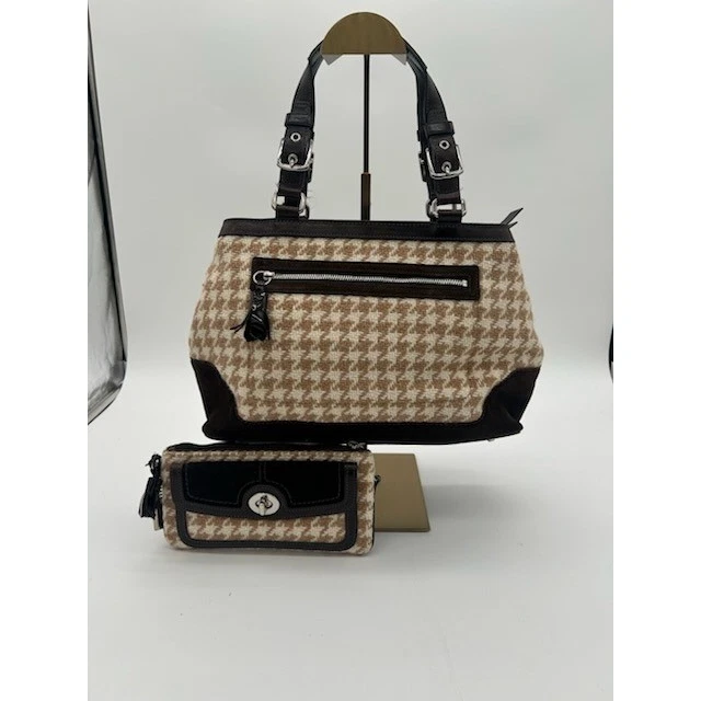 Y2K Coach Houndstooth Satchel Bag Purse 14X9X4.5 with Brown Leather Wristlet 8x4 - Image 3
